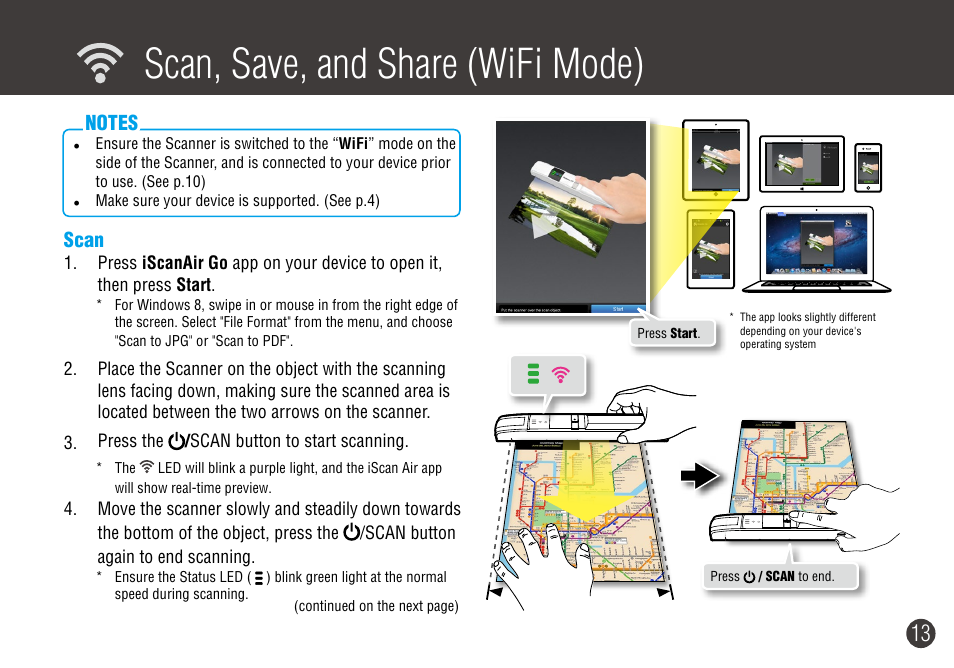 Scan, save, and share (wi-fi mode), Scan, Scan, save, and share (wifi mode) | Scan the object | Digiframe DF-SCWF08w User Manual | Page 13 / 20