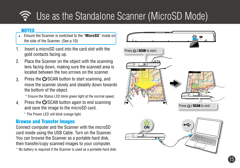 Use as the standalone scanner (microsd mode), Browse and transfer images | Digiframe DF-SCWF08w User Manual | Page 15 / 20