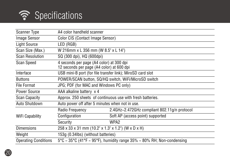 Specifications | Digiframe DF-SCWF08w User Manual | Page 20 / 20