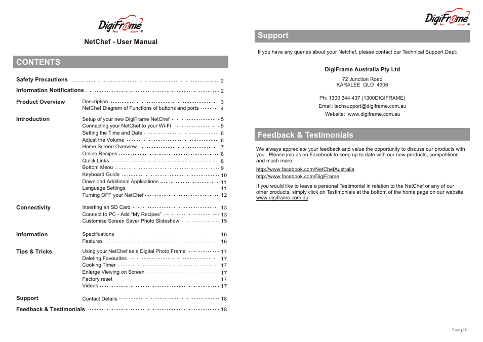 Т³гж 2, Support, Feedback & testimonials contents | Digiframe DFNC3805r User Manual | Page 2 / 10