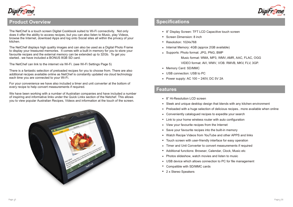 Т³гж 4, Specifications, Features | Product overview | Digiframe DFNC3805r User Manual | Page 4 / 10