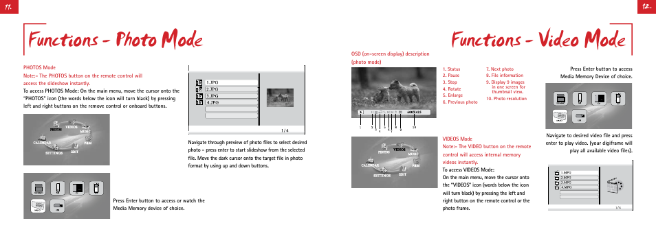 Functions - photo mode, Functions - video mode | Digiframe DF-F7008t User Manual | Page 12 / 21