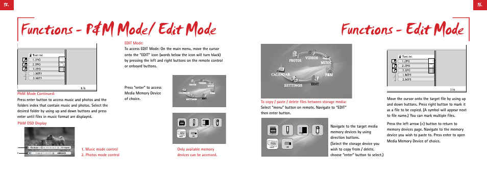 Functions - p&m mode/ edit mode, Functions - edit mode | Digiframe DF-F7008t User Manual | Page 16 / 21