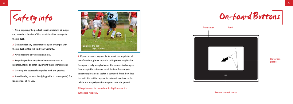 Safety info, On-board buttons | Digiframe DF-F7008t User Manual | Page 5 / 21