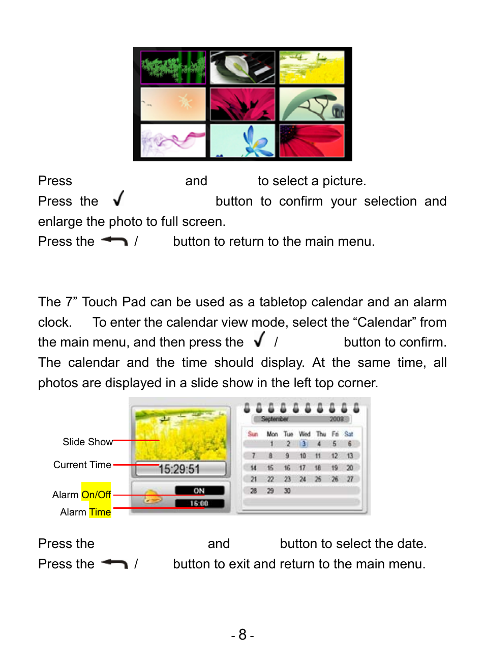 9 calendar, Calendar | Digiframe DF-F7009b User Manual | Page 10 / 15