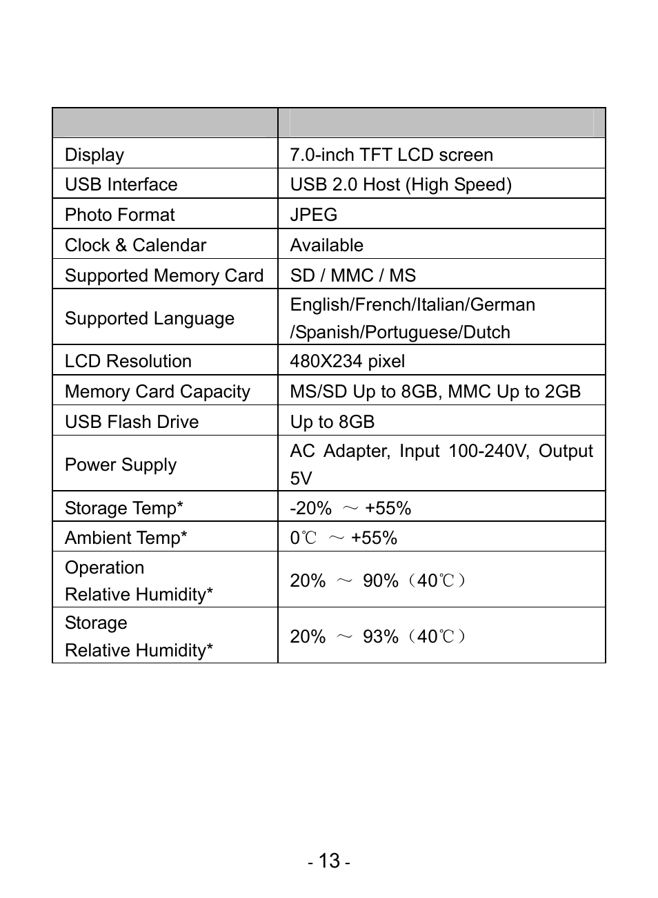 12 technical specifications, Technical specifications | Digiframe DF-F7009b User Manual | Page 15 / 15
