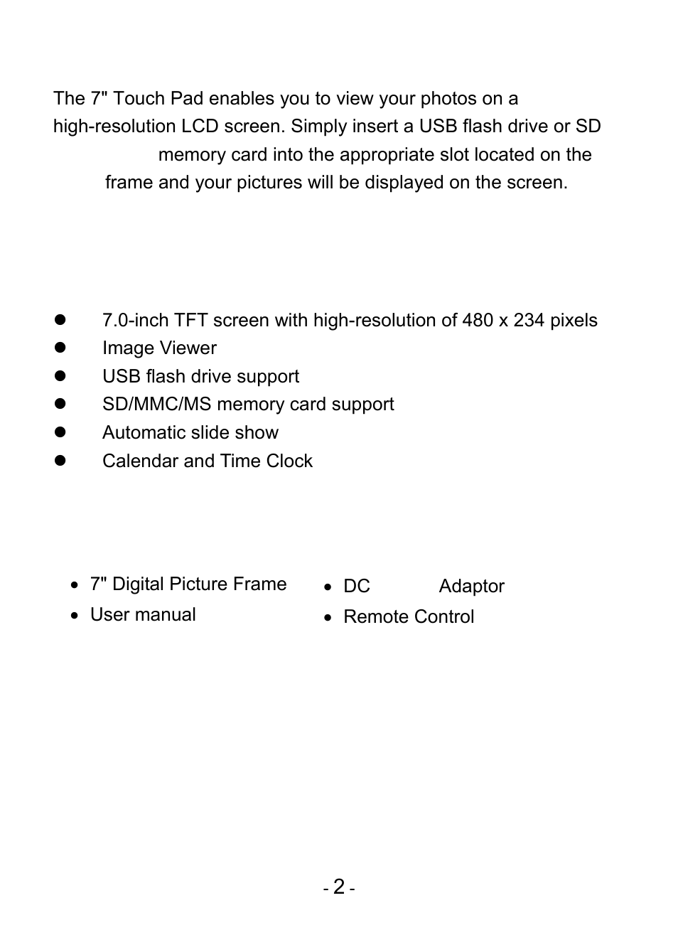 1 product overview, 2 key features, Package content | Product overview, Key features | Digiframe DF-F7009b User Manual | Page 4 / 15
