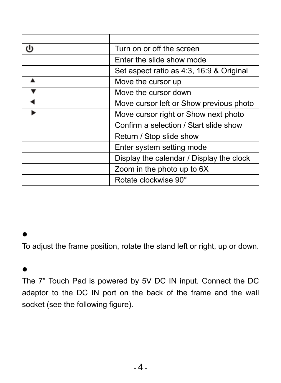 5 remote control, 6 getting started, Adjusting the stand | Connect to a wall outlet via the dc adaptor, Remote control, Getting started | Digiframe DF-F7009b User Manual | Page 6 / 15