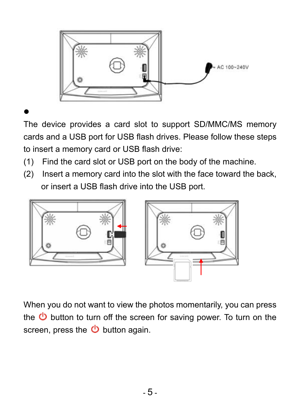 Inserting a memory card/usb flash drive, 7 turn on or off the screen, Turn on or off the screen | Digiframe DF-F7009b User Manual | Page 7 / 15