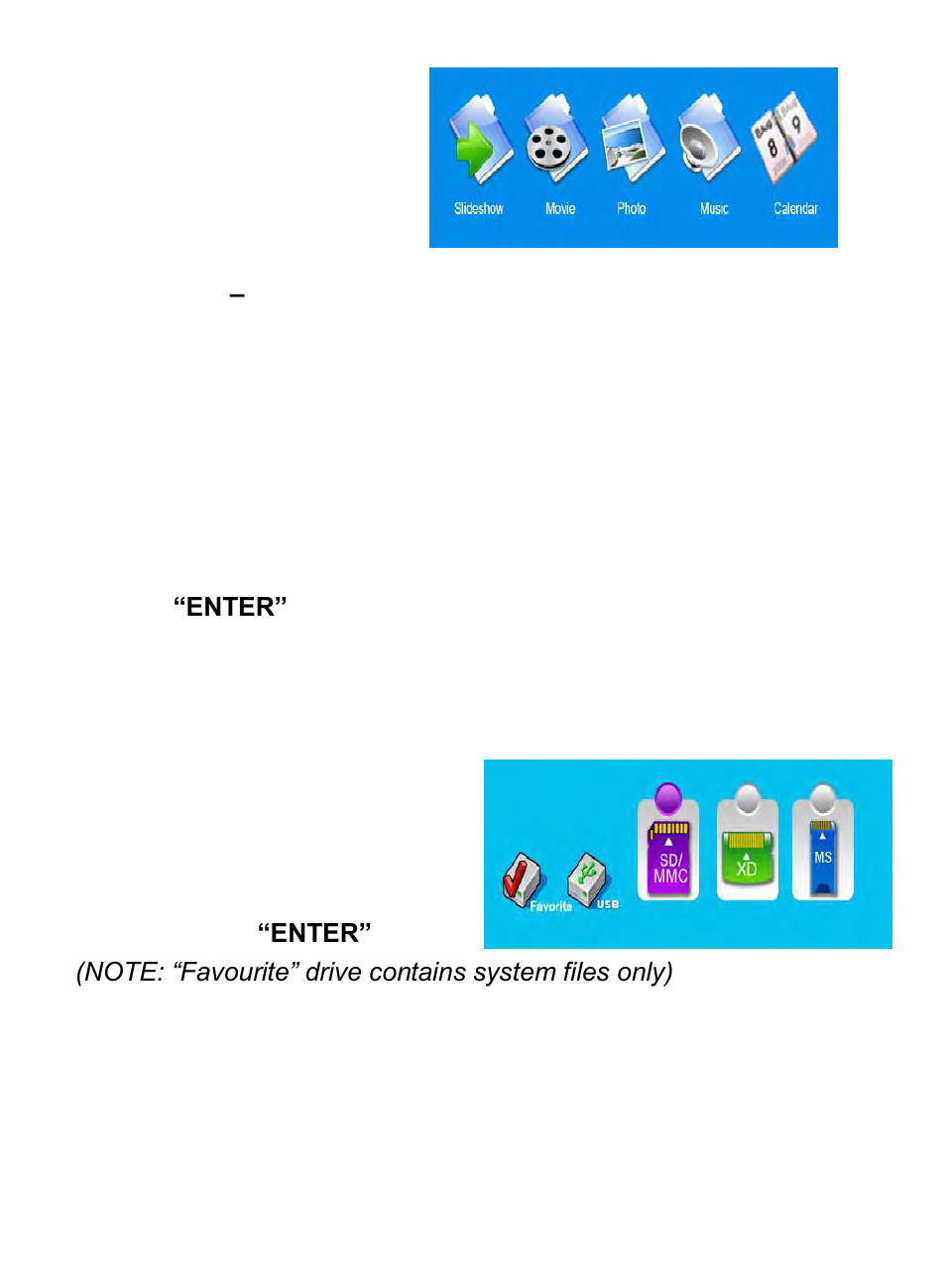 Main menu, Mode selection, Memory device menu | Digiframe DF-F7012t User Manual | Page 8 / 15