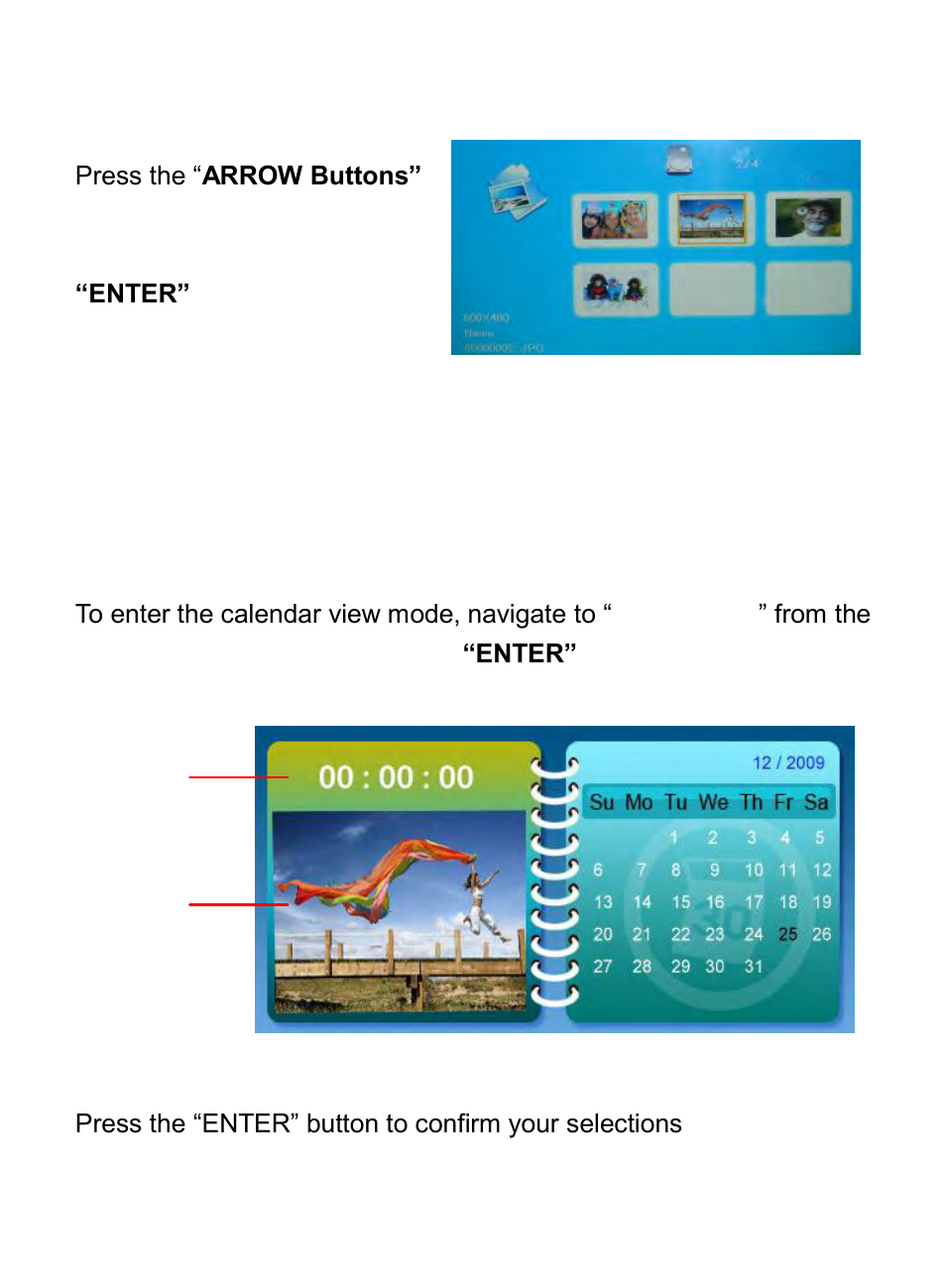 Thumbnail view, Calendar | Digiframe DF-F7012t User Manual | Page 9 / 15