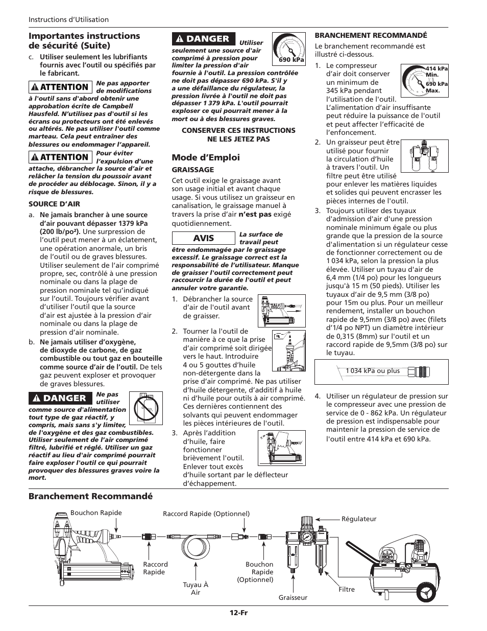 Importantes instructions de sécurité (suite), Mode d’emploi, Branchement recommandé | Campbell Hausfeld CHN10210 User Manual | Page 12 / 24