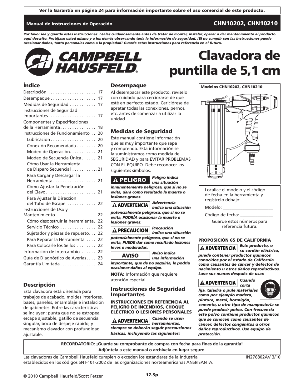 Clavadora de puntilla de 5,1 cm | Campbell Hausfeld CHN10210 User Manual | Page 17 / 24