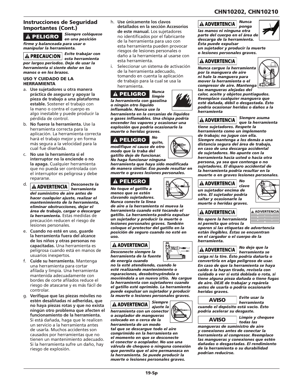 Instrucciones de seguridad importantes (cont.) | Campbell Hausfeld CHN10210 User Manual | Page 19 / 24