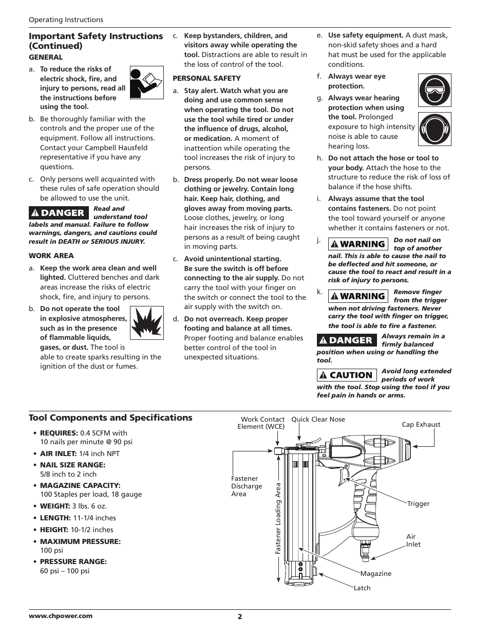 Tool components and specifications, Important safety instructions (continued) | Campbell Hausfeld CHN10210 User Manual | Page 2 / 24