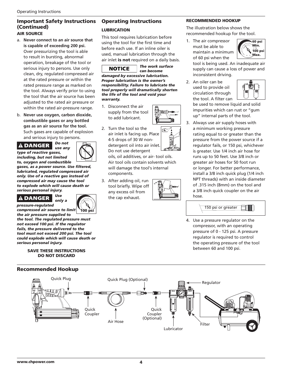 Important safety instructions (continued), Operating instructions, Recommended hookup | Campbell Hausfeld CHN10210 User Manual | Page 4 / 24