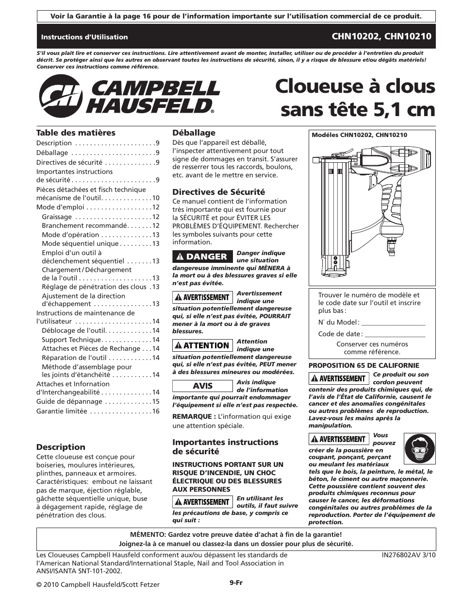 Cloueuse à clous sans tête 5,1 cm | Campbell Hausfeld CHN10210 User Manual | Page 9 / 24