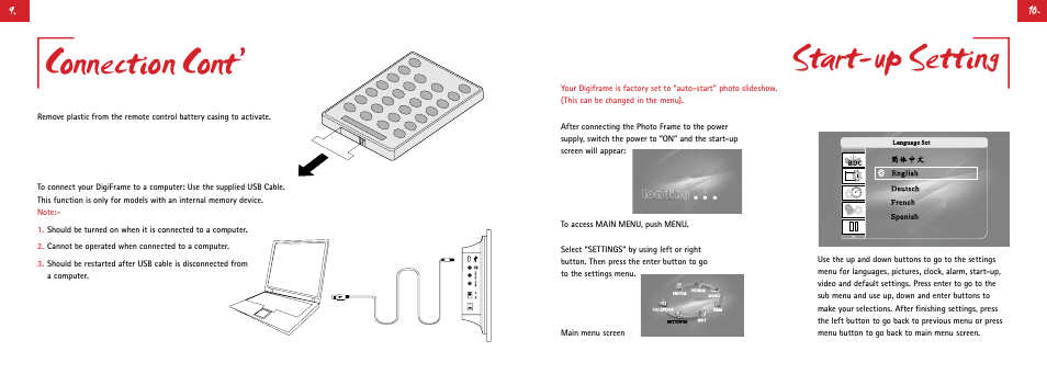 Connection cont, Start-up setting | Digiframe DF-F8008w User Manual | Page 11 / 21