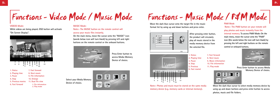 Functions - video mode / music mode, Functions - music mode / p&m mode | Digiframe DF-F8008w User Manual | Page 15 / 21