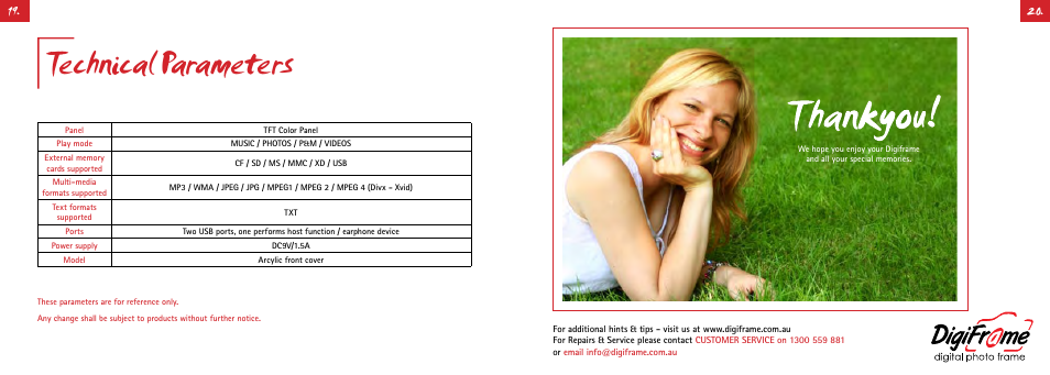Technical parameters | Digiframe DF-F8008w User Manual | Page 20 / 21
