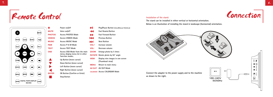 Remote control, Connection | Digiframe DF-F8008w User Manual | Page 9 / 21