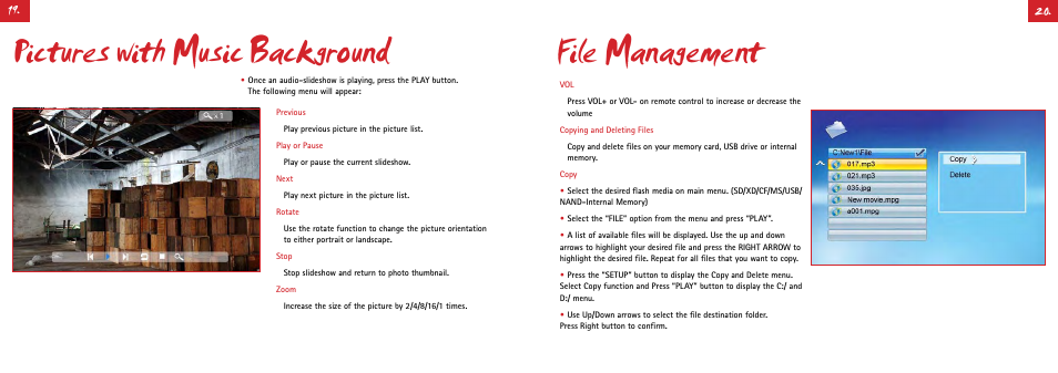 File management, Pictures with music background | Digiframe DF-F1050s User Manual | Page 20 / 30