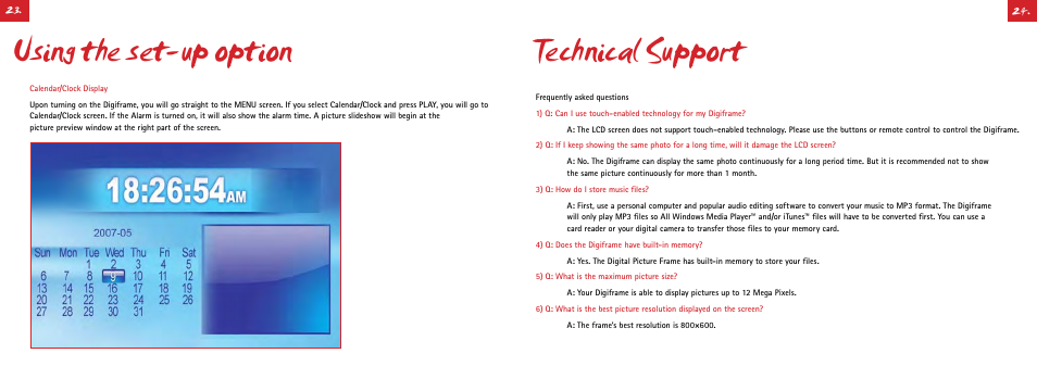 Using the set-up option, Technical support | Digiframe DF-F1050s User Manual | Page 24 / 30