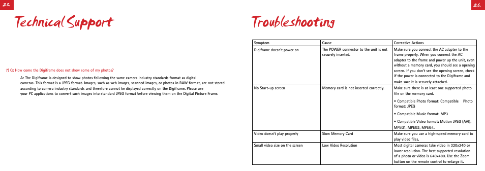 Technical support, Troubleshooting | Digiframe DF-F1050s User Manual | Page 27 / 30