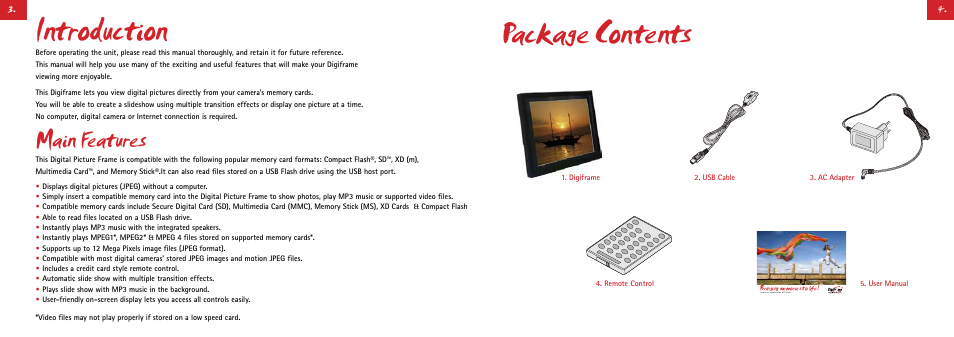 Introduction, Package contents, Main features | Digiframe DF-F1050s User Manual | Page 5 / 30