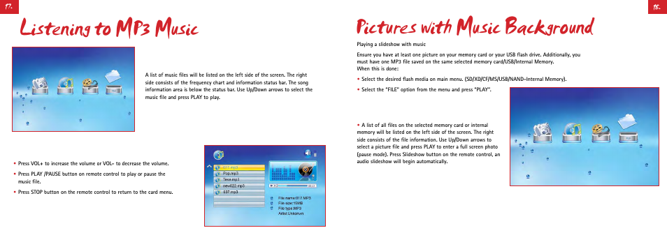 Listening to mp3 music, Pictures with music background | Digiframe DF-F1506t User Manual | Page 19 / 30