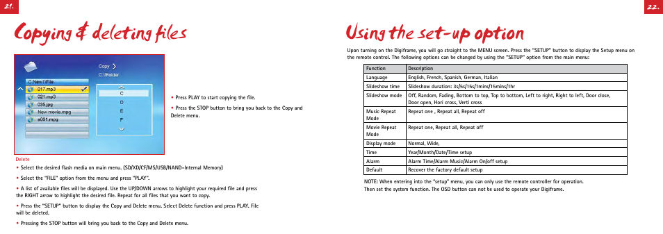Copying & deleting files, Using the set-up option | Digiframe DF-F1506t User Manual | Page 22 / 30
