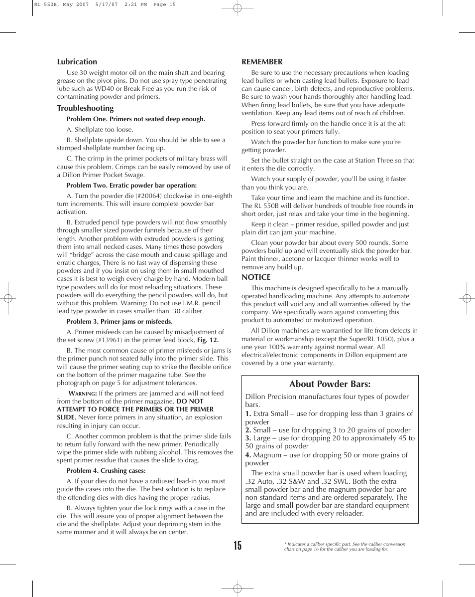 About powder bars | Dillon Precision RL 550B User Manual | Page 15 / 20