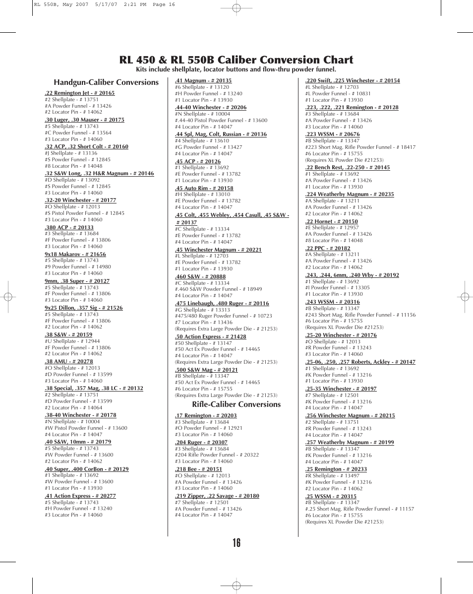 Handgun-caliber conversions, Rifle-caliber conversions | Dillon Precision RL 550B User Manual | Page 16 / 20