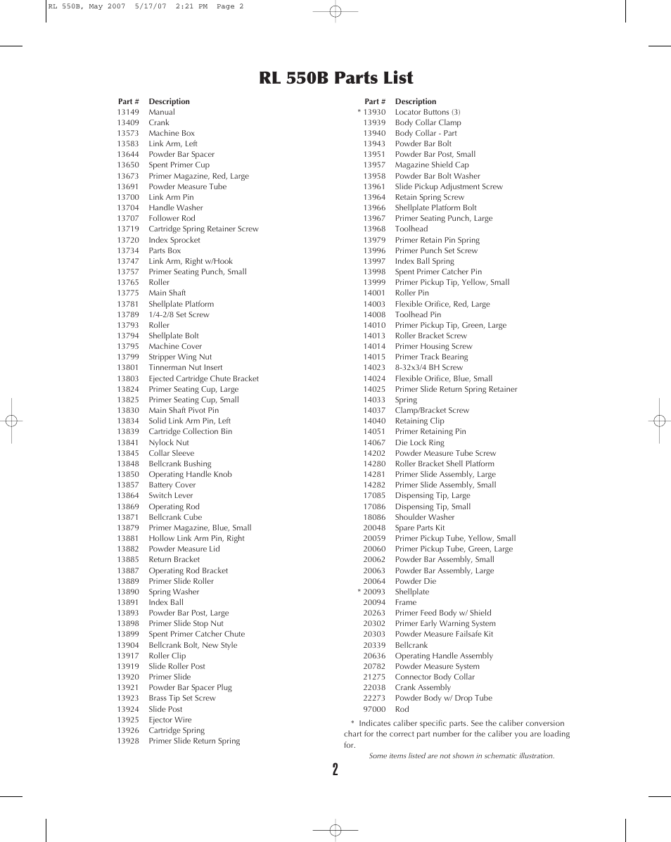 Rl 550b parts list | Dillon Precision RL 550B User Manual | Page 2 / 20