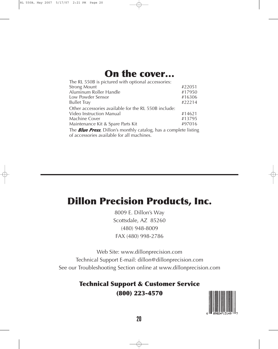 Dillon precision products, inc, On the cover | Dillon Precision RL 550B User Manual | Page 20 / 20