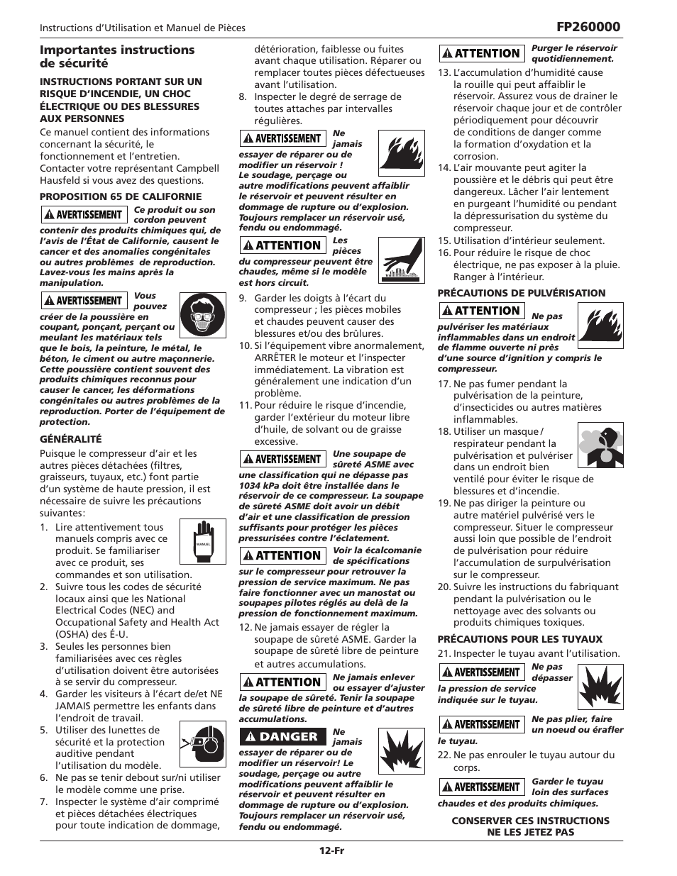 Importantes instructions de sécurité | Campbell Hausfeld IN632700AV User Manual | Page 12 / 32