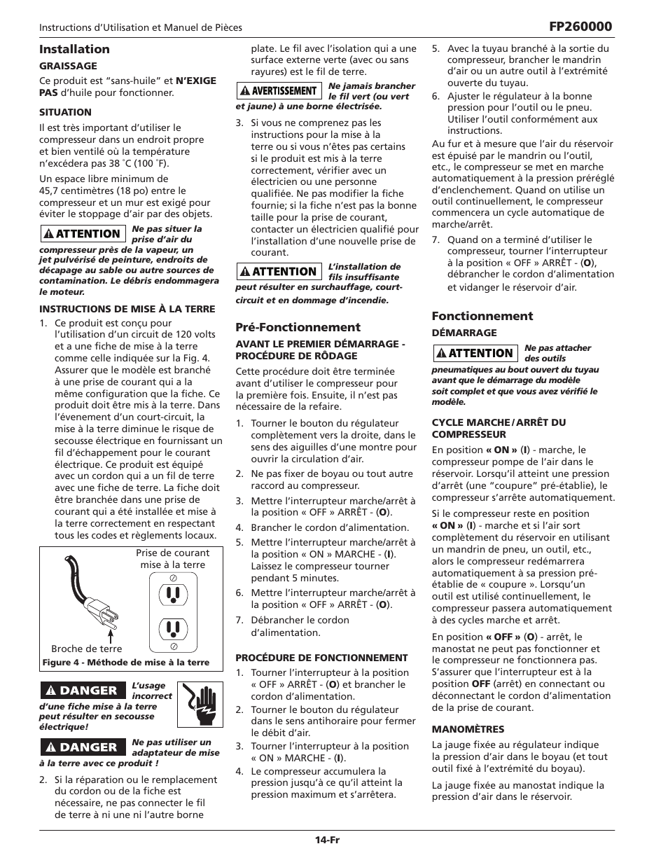 Installation, Pré-fonctionnement, Fonctionnement | Campbell Hausfeld IN632700AV User Manual | Page 14 / 32