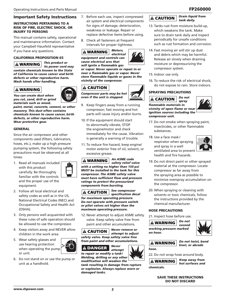 Important safety instructions | Campbell Hausfeld IN632700AV User Manual | Page 2 / 32