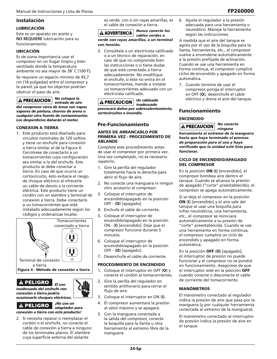 Instalación, Pre-funcionamiento, Funcionamiento | Campbell Hausfeld IN632700AV User Manual | Page 24 / 32