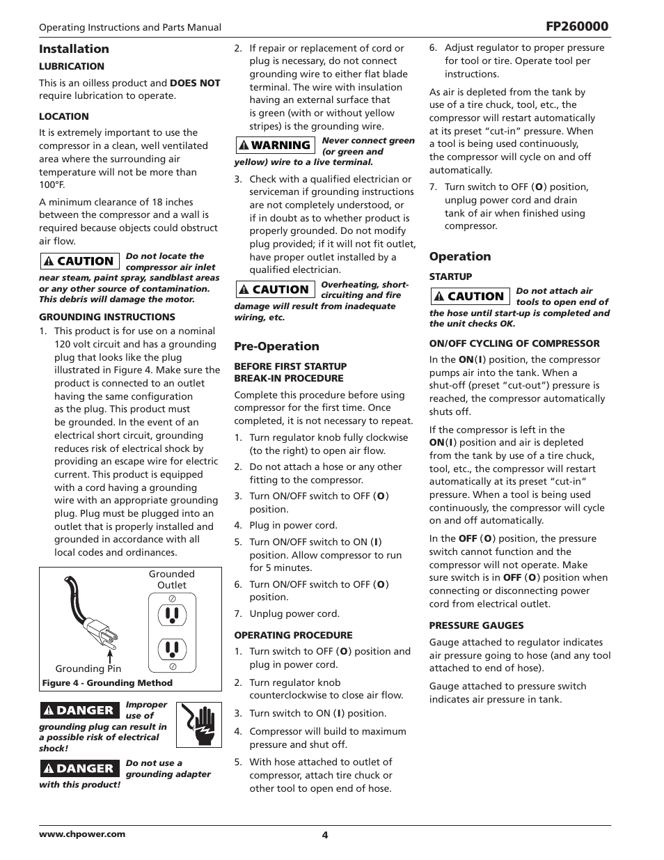 Installation, Pre-operation, Operation | Campbell Hausfeld IN632700AV User Manual | Page 4 / 32