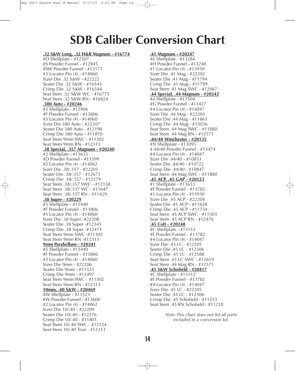 Sdb caliber conversion chart | Dillon Precision Square Deal 'B' User Manual | Page 14 / 16