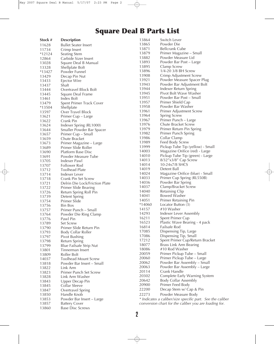 Square deal b parts list 2 | Dillon Precision Square Deal 'B' User Manual | Page 2 / 16