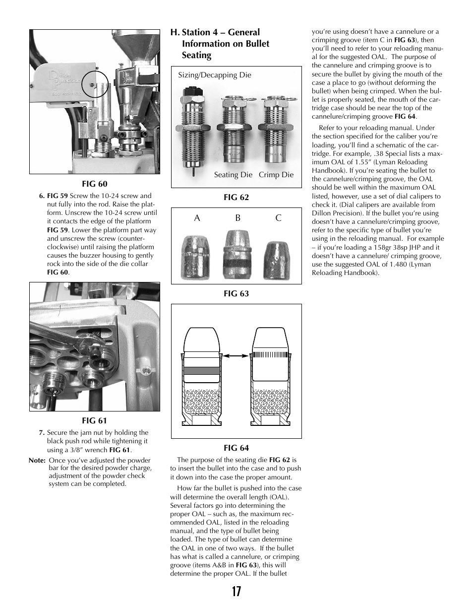 Fig 60, Fig 61, Sizing/decapping die seating die crimp die | Dillon Precision XL 650 User Manual | Page 16 / 59
