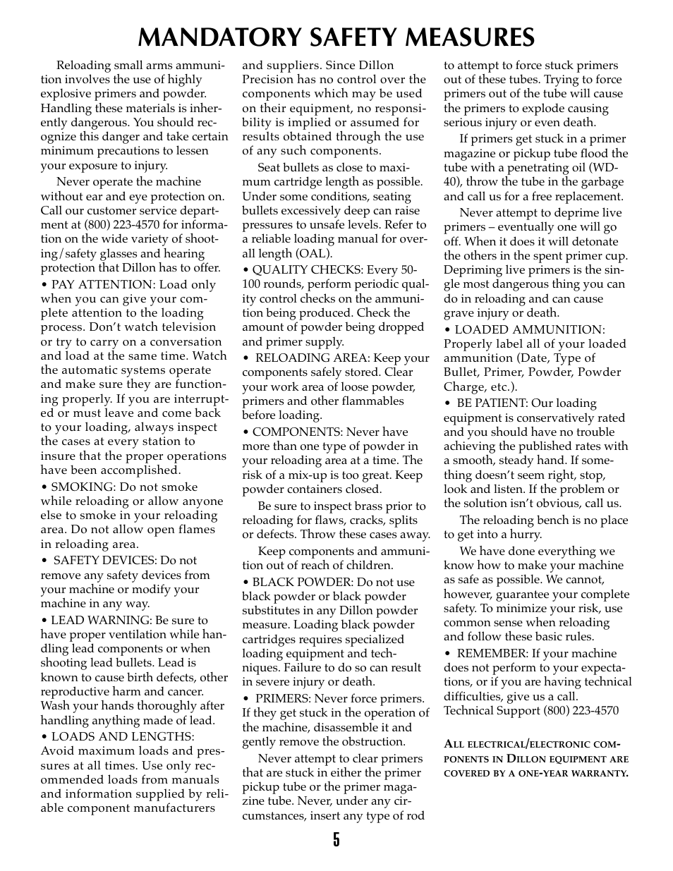 Mandatory safety measures | Dillon Precision XL 650 User Manual | Page 4 / 59