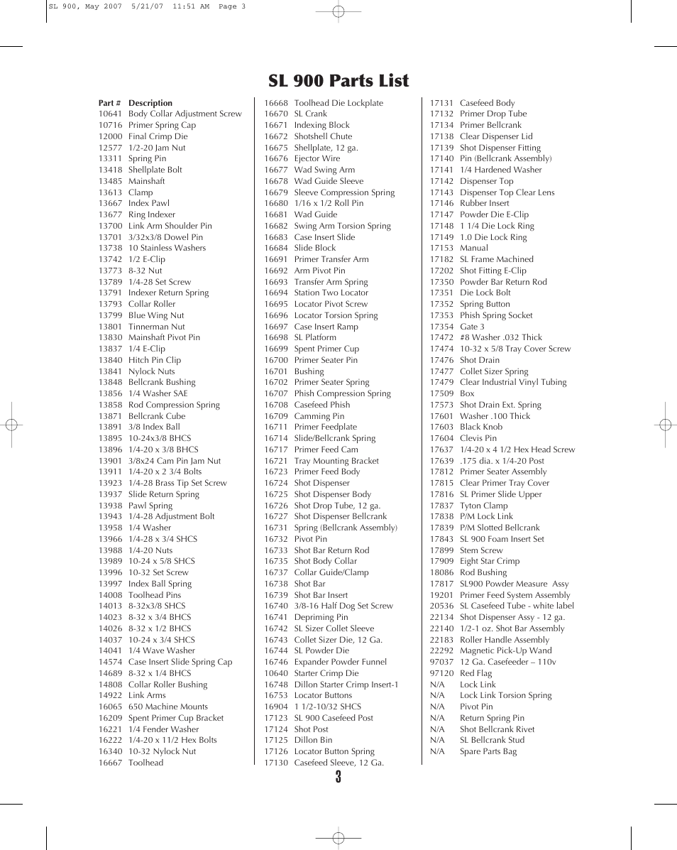 3sl 900 parts list | Dillon Precision SL 900 User Manual | Page 3 / 50