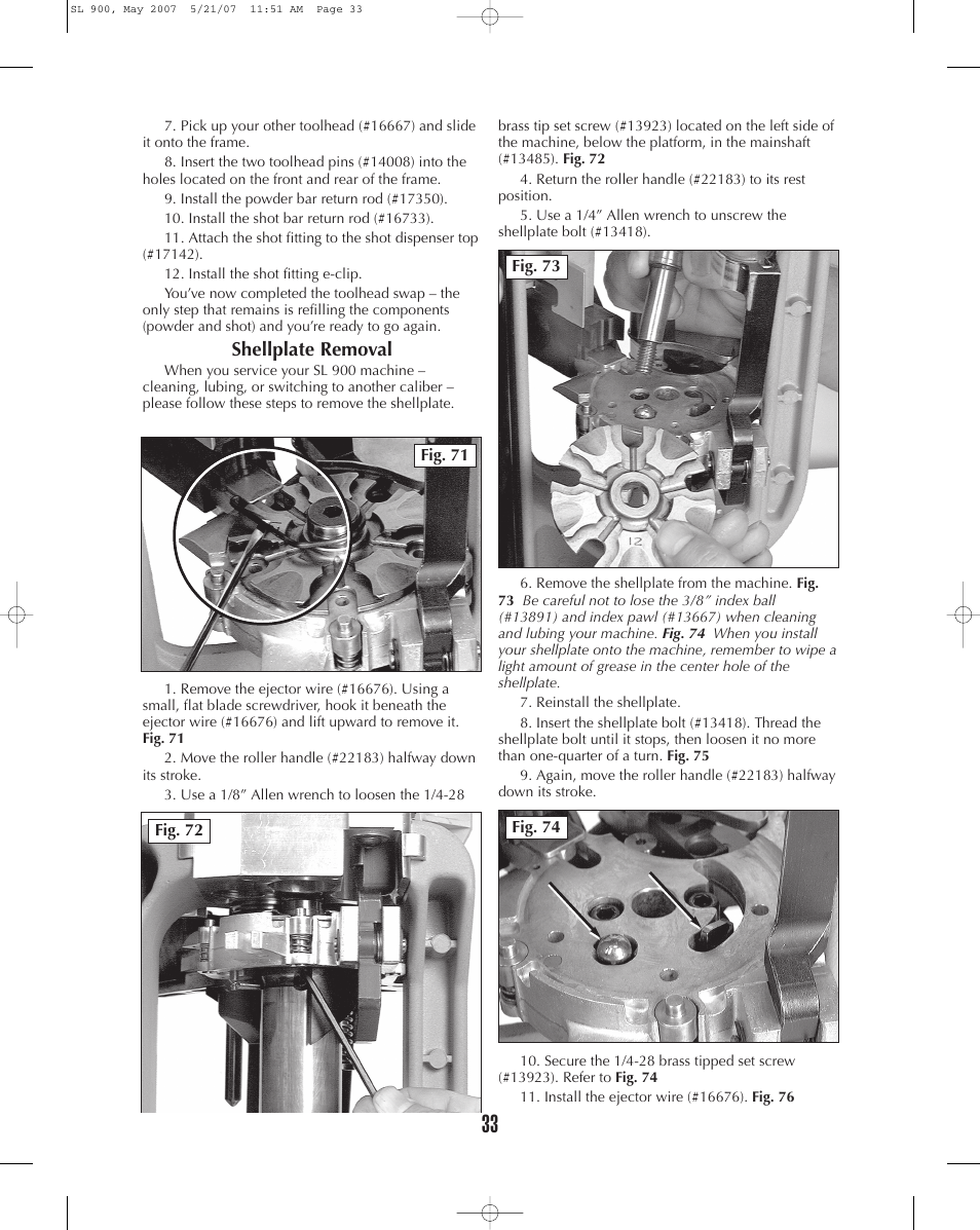 Shellplate removal | Dillon Precision SL 900 User Manual | Page 33 / 50