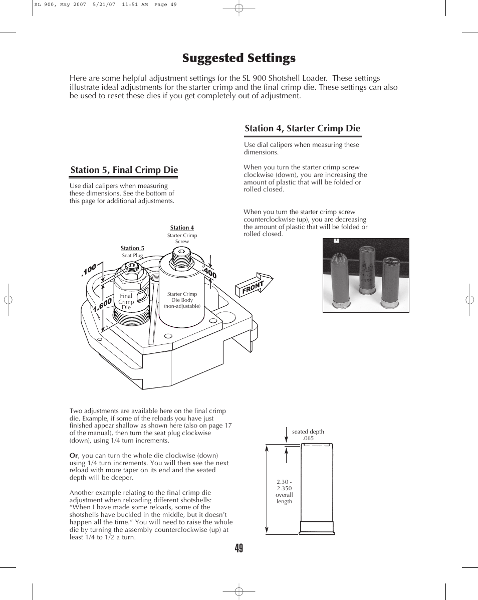 Suggested settings 49, Station 5, final crimp die, Station 4, starter crimp die | Dillon Precision SL 900 User Manual | Page 49 / 50