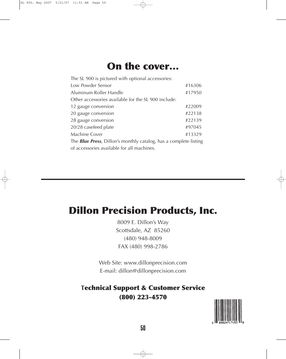 Dillon precision products, inc, On the cover | Dillon Precision SL 900 User Manual | Page 50 / 50