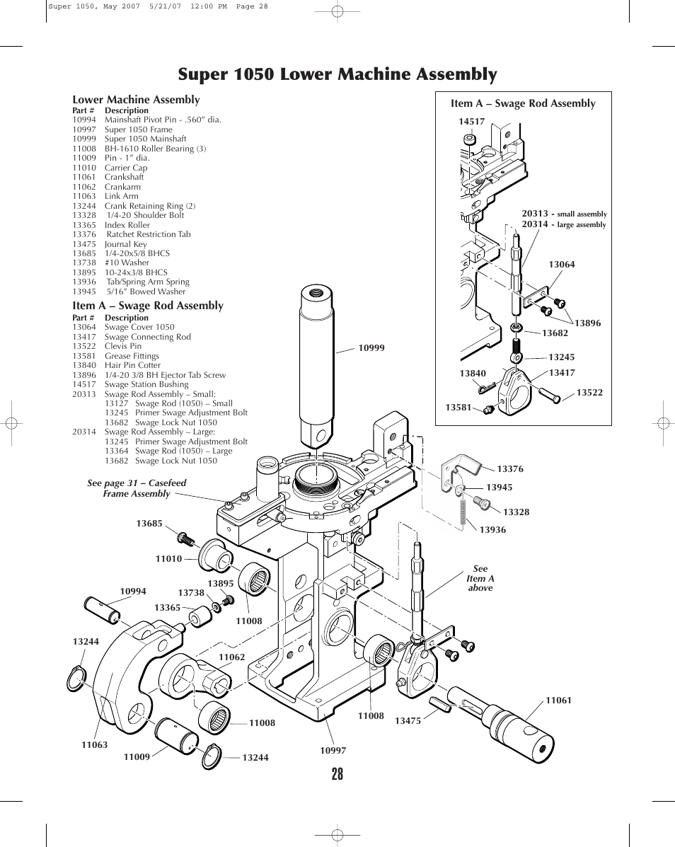 Super 1050 lower machine assembly | Dillon Precision Super 1050 User Manual | Page 28 / 32