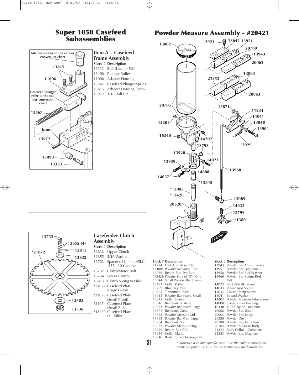 Super 1050 casefeed subassemblies, Casefeeder clutch assembly, Item a – casefeed frame assembly | Dillon Precision Super 1050 User Manual | Page 31 / 32